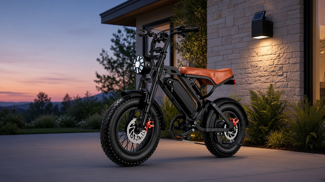 GQ GT-600 e-bike parked under a glowing solar wall light at dusk
