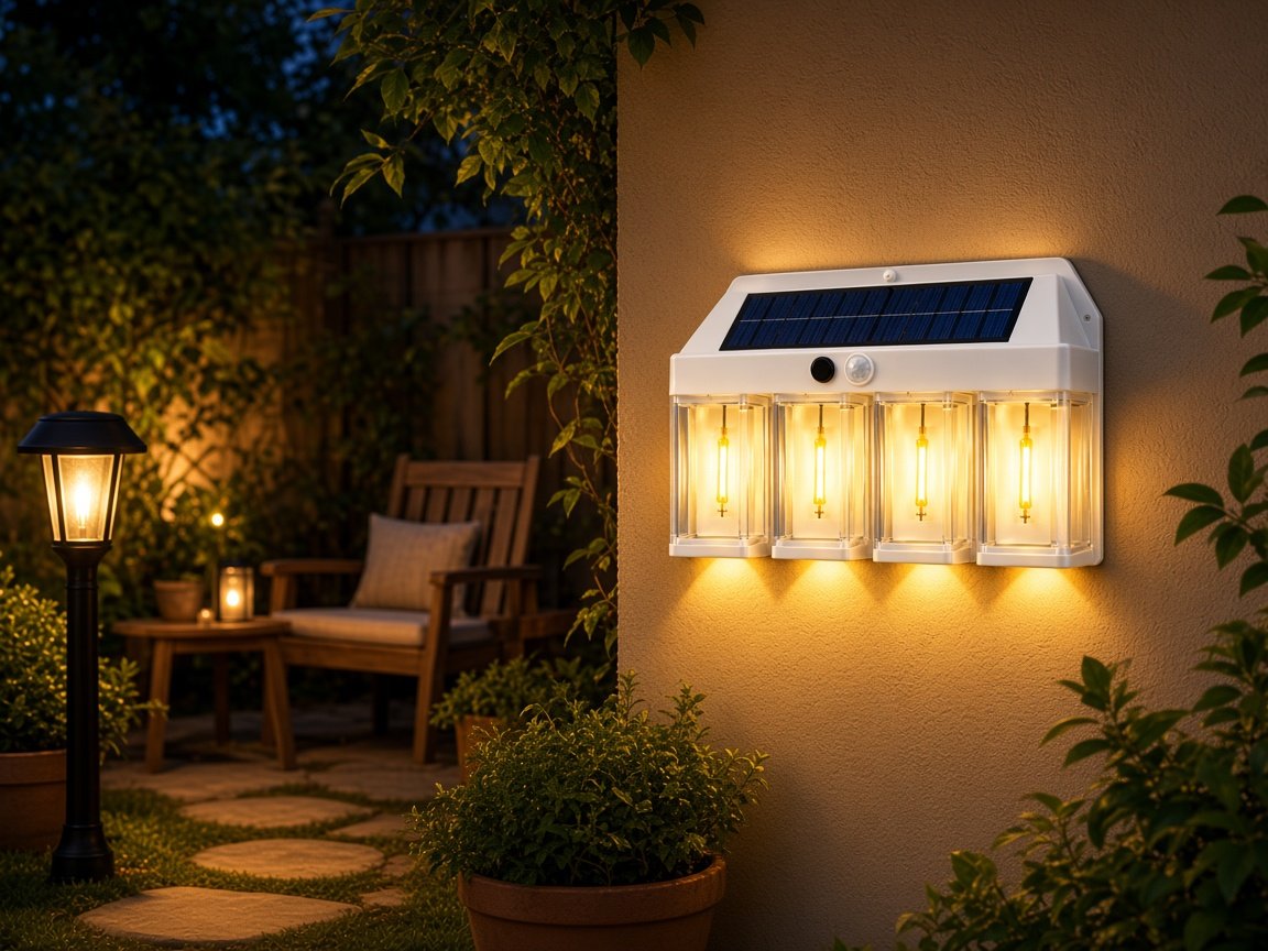 White 4-LED solar wall light glowing on a patio wall at night