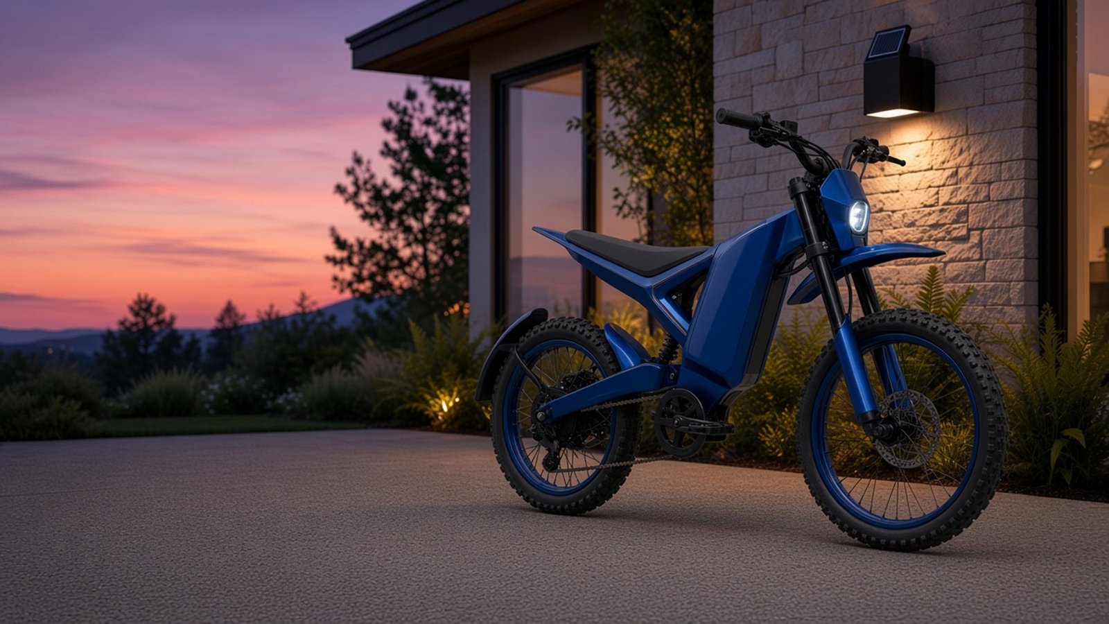 XT7 electric trail bike in metallic blue at dusk