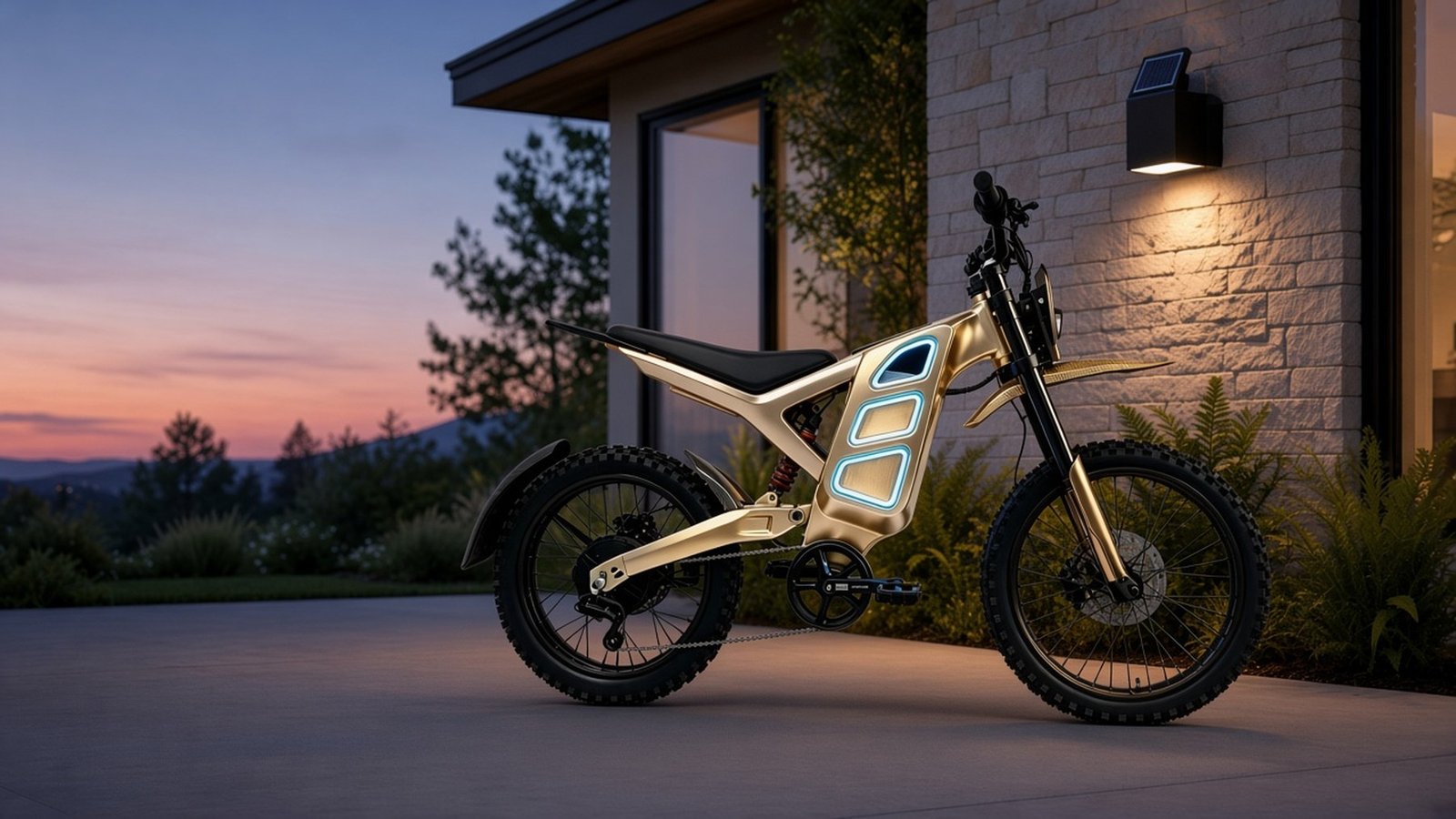 XT7 electric trail bike in gold at dusk