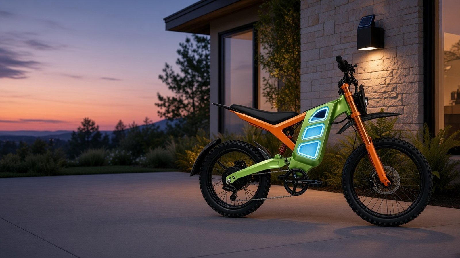 XT7 electric trail bike in lime and orange at dusk