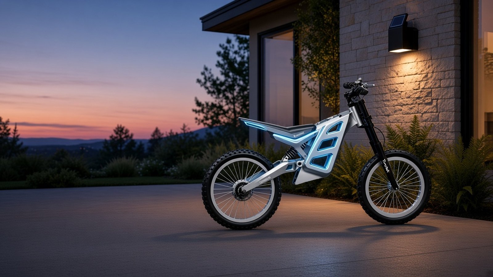 XT7 electric trail bike in silver at dusk